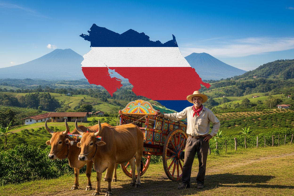 Keep the country outline with costa rican flag but make the background a traditional farmer with a costa rican ox cart